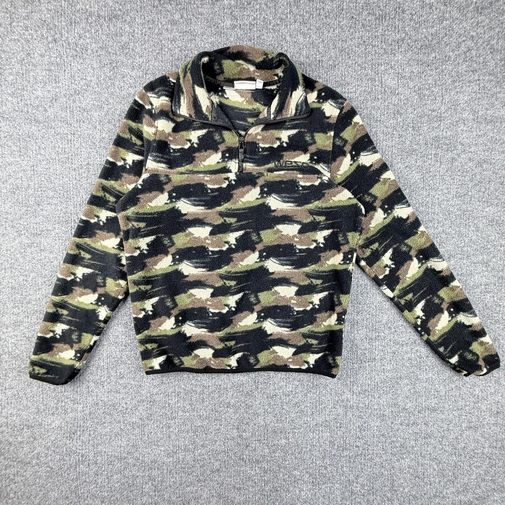WeSC Pullover Sweater Mens Small Camo Fleece Half Zip Pocket Green Brown Outdoor